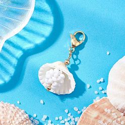 Белый Подвески из натуральных ракушек, со стеклянными бисером и 304 застежками-клешнями из нержавеющей стали, раковина, белые, 42 мм