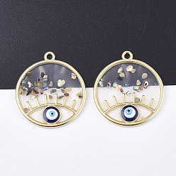 Blau Epoxidharz-Anhänger, mit Shell, Legierungsbefunde und Emaille, flach rund mit Auge, golden, Blau, 39x34x4 mm, Bohrung: 2.5 mm