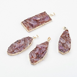 Шоколадный Натуральный кварц большие кулоны, с латунной фурнитурой , золотые, самородки, цвет шоколада, 59~64x22~27x8~13 мм, отверстие : 4.5x7.5 мм