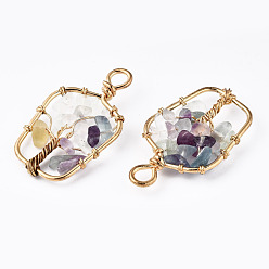 Fluorite Natural Fluorite Pendants, Golden Tone Brass Wire Wrapped, Tree, Bottle, 37~38x21.5~22.5x4.5~7.5mm, Hole: 4mm