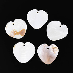 Морская Ракушка Природные подвески оболочки пресноводных, сердце прелести, цвет морской раковины, 29~30x28~30x2.5~4 мм, отверстие : 2 мм