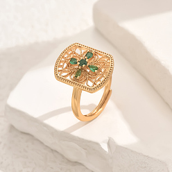 Зеленый Регулируемые кольца для женщин с микропаве из латуни и кубическими цирконами, прямоугольные, зелёные, 19x14 мм, внутренний диаметр: регулируемый