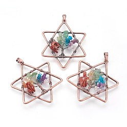 Red Copper Natural & Synthetic Mixed Gemstone Chakra Big Pendants, with Brass Findings, for Jewish, Star of David, Red Copper, 52x43x6mm