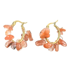 Red Agate Плетеные серьги-кольца с кусочками красного агата, 304 ювелирные украшения из проволоки из нержавеющей стали для женщин, 25~27x28~33x7~9 мм, штифты : 0.6 мм
