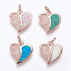 (52) Непрозрачная лаванда Латунные микро проложить кубического циркония прелести, с синтетическим опалом, сердце, розовое золото , разноцветные, 14.5x15x2.5 мм, отверстие : 4 мм