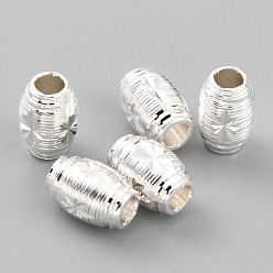 Посеребрённый Латунные бусины, долговечный, баррель с цветком, 925 серебро покрытием, 7x4.5 мм, отверстие : 2.2 мм