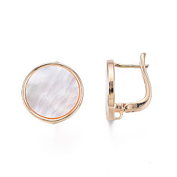 Creamy White Brass Hoop Earring Findings with Latch Back Closure, with Natural Shell and Vertical Loops, Golden, Cadmium Free & Nickel Free & Lead Free, Flat Round, Creamy White, 16mm, Hole: 1.4mm, Pin: 0.8mm