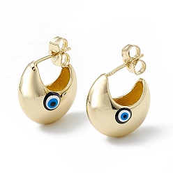 Black Enamel Crescent Moon with Evil Eye Stud Earrings, Real 18K Gold Plated Brass Half Hoop Earrings for Women, Black, 16.5x18mm, Pin: 1mm