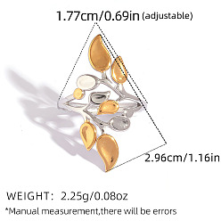 Golden & Stainless Steel Color 304 Stainless Steel Cuff Open Rings, Leaf, Golden & Stainless Steel Color, 18mm