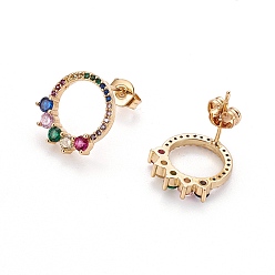 Real 18K Gold Plated Brass Micro Pave Cubic Zirconia Stud Earrings, with Brass Ear Nuts, Ring, Colorful, Real 18K Gold Plated, 13~13.5x12x3mm, Pin: 0.7mm