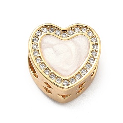 Морская Ракушка Стойка покрытие латунь с кубическим цирконием европейские бусины и эмаль, сердце, бусины с большим отверстием, долговечный, без свинца и без кадмия, цвет морской раковины, 12x12.5x8 мм, отверстие : 5 мм