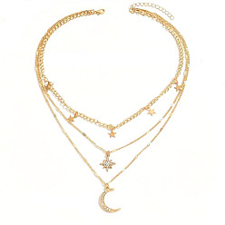 Золотой Подвеска из сплава луны и звезды со стразами 3 многослойные ожерелья для женщин, золотые, 16.14 дюйм (41 см)