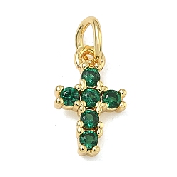Зеленый Латунные микро проложить кубического циркония подвески, крест прелести, без свинца и без кадмия, стойки покрытие, долговечный, реальный 18 k позолоченный, зелёные, 12x7.5x2.5 мм, Перейти кольцо: 5x0.9 мм, 3.2 мм внутренним диаметром