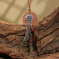 Плоский Круглый Женские ожерелья из искусственной замши с большим кулоном из сплава и дерева в этническом стиле с сеткой и перьями, античное серебро, плоско-круглые, 15.75 дюйм (40 см), Кулон : 145x45 мм