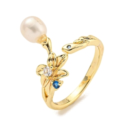 Real 14K Gold Plated Natural Pearl Finger Ring, with Brass and Rhinestone Finding for Women, Nickel Free, Real 14K Gold Plated, Inner Diameter: 18mm