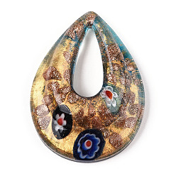 Темный Голубой Ручной золотой песок Lampwork большие кулоны, внутри millefiori стекло, слеза, темные голубые, 52.5x39x12 мм, отверстие : 25x10 мм