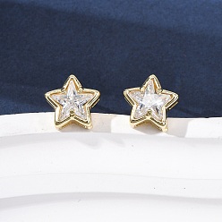 Звезда Серьги-гвоздики из латунного микро-паве, стойки покрытие, долговечный, без кадмия и без свинца, реальный 18 k позолоченный, звезда, 9.5x10 мм