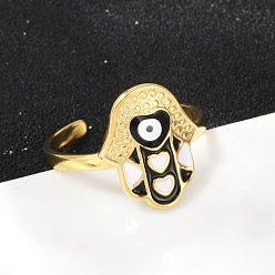 Hamsa Hand 304 регулируемые манжетные кольца из нержавеющей стали, с эмалью, реальный 18 k позолоченный, хамса рука, 2 мм, внутренний диаметр: регулируемый