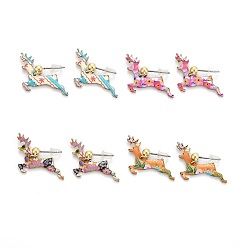 Mixed Color Alloy Dangle Stud Earrings, with Enamel, Eco-Friendly Stainless Steel Pins and Ear Nuts, Printed, Christmas Reindeer/Stag, Mixed Color, 25x23mm, Pin: 0.7mm
