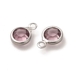 Flamingo 304 Stainless Steel with Glass Charms, Stainless Steel Color, Faceted Flat Round, Flamingo, 9.5x6.5x2mm, Hole: 1.5mm