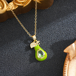 Pear Brass Enamel Fruit Pendant 201 Stainless Steel Cable Chain Necklaces for Women, Ion Plating(IP), Real 18K Gold Plated, Light Green, Pear, 15.75 inch(40cm)