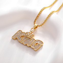 Golden Alloy Full Crystal Rhinestone Crown with Word KING Pendant Necklaces for Unisex, Golden, 23.62 inch(60cm)