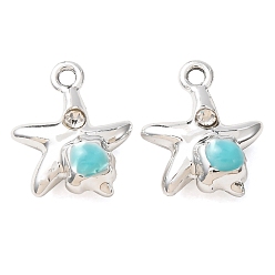 Sky Blue Alloy Enamel Pendants, Starfish with Shell Shape Charms, with Crystal Rhinestone, Platinum, Sky Blue, 13.5x11.5x5.5mm, Hole: 1.5mm