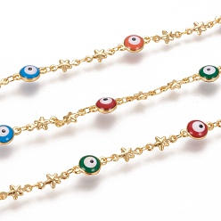 Real 18K Gold Plated Handmade Brass Link Chains, with Enamel and Spool, Soldered, Long-Lasting Plated, Flat Round with Evil Eye & Star, Colorful, Real 18K Gold Plated, 11x6.5x4mm and 10x4.5x1.5mm