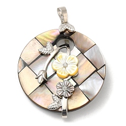 Platinum Natural Sea Shell Pendants, Flat Round Natural Dyed White Shell Charms with Brass Rhinestone Findings, Platinum, 49x40.5x10mm, Hole: 8x5mm
