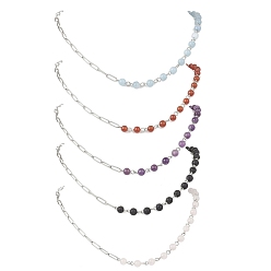 Смешанные камни Круглые бусины ручной работы из натурального сердолика, лавового камня, аметиста и окрашенного кварца, а также цепочка-скрепка из нержавеющей стали, цвет нержавеющей стали, 304 дюйм (19.49 см) ~ 49.5 дюйм (19.69 см)