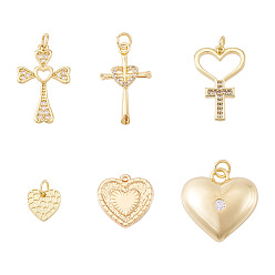 Настоящее золото 18K 6 шт 6 стили латунные подвески из микропаве с фианитом, сердце, реальный 18 k позолоченный, 9.5~25x10~20x1~4.5 мм, отверстие : 1~3.5 мм, 1 шт / стиль