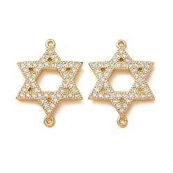 Real 18K Gold Plated Brass Micro Pave Clear Cubic Zirconia Connector Charms, Star of David Links, Rack Plating, Long-Lasting Plated, Cadmium Free & Lead Free, Real 18K Gold Plated, 26.5x19x2.5mm, Hole: 1mm