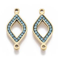Blue Zircon 304 Stainless Steel Links connectors, with Rhinestone, Rhombus, Golden, Blue Zircon, 24x11x2mm, Hole: 1.5mm