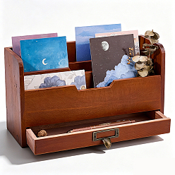 Coconut Brown Rustic Wooden Desktop Organizer with Drawer,  Multi-Slot Storage Caddy, Rectangle, Coconut Brown, 298x110x167mm