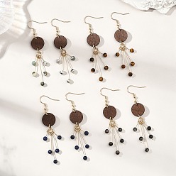 Смешанные камни Натуральный камень смешанные болтаться серьги, с тополевой древесиной, 316 Фурнитура для сережек из хирургической нержавеющей стали, плоско-круглые, золотой свет, 78x14.5 мм