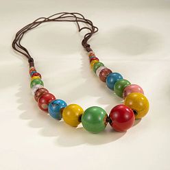 Разноцветный Ожерелья из вощеного шнура с круглыми бусинами в этническом стиле для женщин, красочный, 21.26~31.50 дюйм (54~80 см)