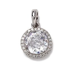 Плоский Круглый 925 подвески из стерлингового серебра с прозрачными кубическими цирконами, Реальная платина, родий, плоско-круглые, 21 мм, плоско-круглые: 16x13.5x7 mm, отверстие : 4.5x4 мм