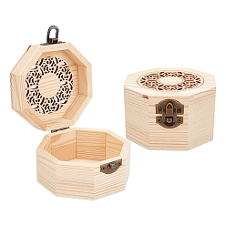 BurlyWood Octagon Shape Unfinished Hollow Wood Storage Box, with Hinged Lid, Floral Pattern, BurlyWood, 104.5x96x60mm