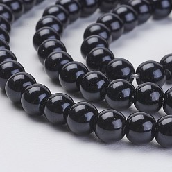 Black Eco-Friendly Dyed Glass Pearl Beads Strands, Grade A, Round, Cotton Cord Threaded, Black, 6mm, Hole: 1.2~1.5mm, about 70pcs/strand, 15.7 inch