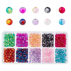 Mixed Color Transparent Crackle Glass Beads, Round, Mixed Color, 6mm, Hole: 1.3mm, 10 colors, 40pcs/color, 400pcs/box