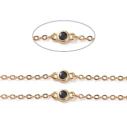 Real 18K Gold Plated Brass Cable Chains, Soldered, Flat Oval, with Black Glass Rhinestone and Spool, Long-Lasting Plated, Real 18K Gold Plated, 4x8x2mm, about 16.4 Feet(5m)/roll