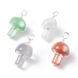 Silver Cat Eye Pendants, with Copper Wire, Mushroom Charms, Mixed Color, Silver, 30x14~17mm, Hole: 4mm