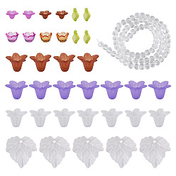 Mixed Color 360Pcs 9 Styles Transparent Acrylic Beads, Frosted, Flower, with 1Strand Glass Beads Strands, Mixed Color, 4~24x3~12mm, Hole: 0.7~1.5mm