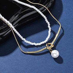 Настоящее золото 18K 304 двухслойные ожерелья из нержавеющей стали, ожерелья с круглыми подвесками из искусственного жемчуга, белые, ионное покрытие (ip), реальный 18 k позолоченный, 15.75 дюйм (40 см)