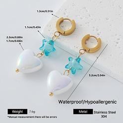 Deep Sky Blue 304 Stainless Steel Resin Hoop Dangle Earrings for Women, Star with Heart, Golden, with Imitation Pearl, Deep Sky Blue, 52mm