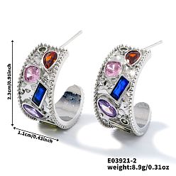 Серебро Ретро серьги-гвоздики в форме буквы С из латуни с кубическим цирконием, серебряные, 23x11 мм