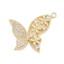 Настоящее золото 14K Подвески из латуни с прозрачным фианитом, без кадмия, без никеля и без свинца, Бабочка с цветком, долговечный, реальный 14 k позолоченный, 17x19x2.5 мм, отверстие : 1 мм
