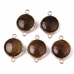 Natural Agate Natural Agate Links Connectors, with Light Gold Plated Brass Findings, Flat Round, Dyed & Heated, Saddle Brown, 23~25.5x15~17.5x4~7mm, Hole: 2mm