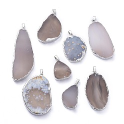 Natural Agate Natural Agate Pendants, with Edge Platinum Plated and Brass Bails, Nuggets, 31~73x22~37x6~7mm, Hole: 3mm