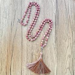 Родонит Натуральный родонит мала молитва круглые бусины ожерелья с длинной кисточкой и металлическим деревом жизни, для йоги-медитации, платина, 40.16 дюйм (102 см)